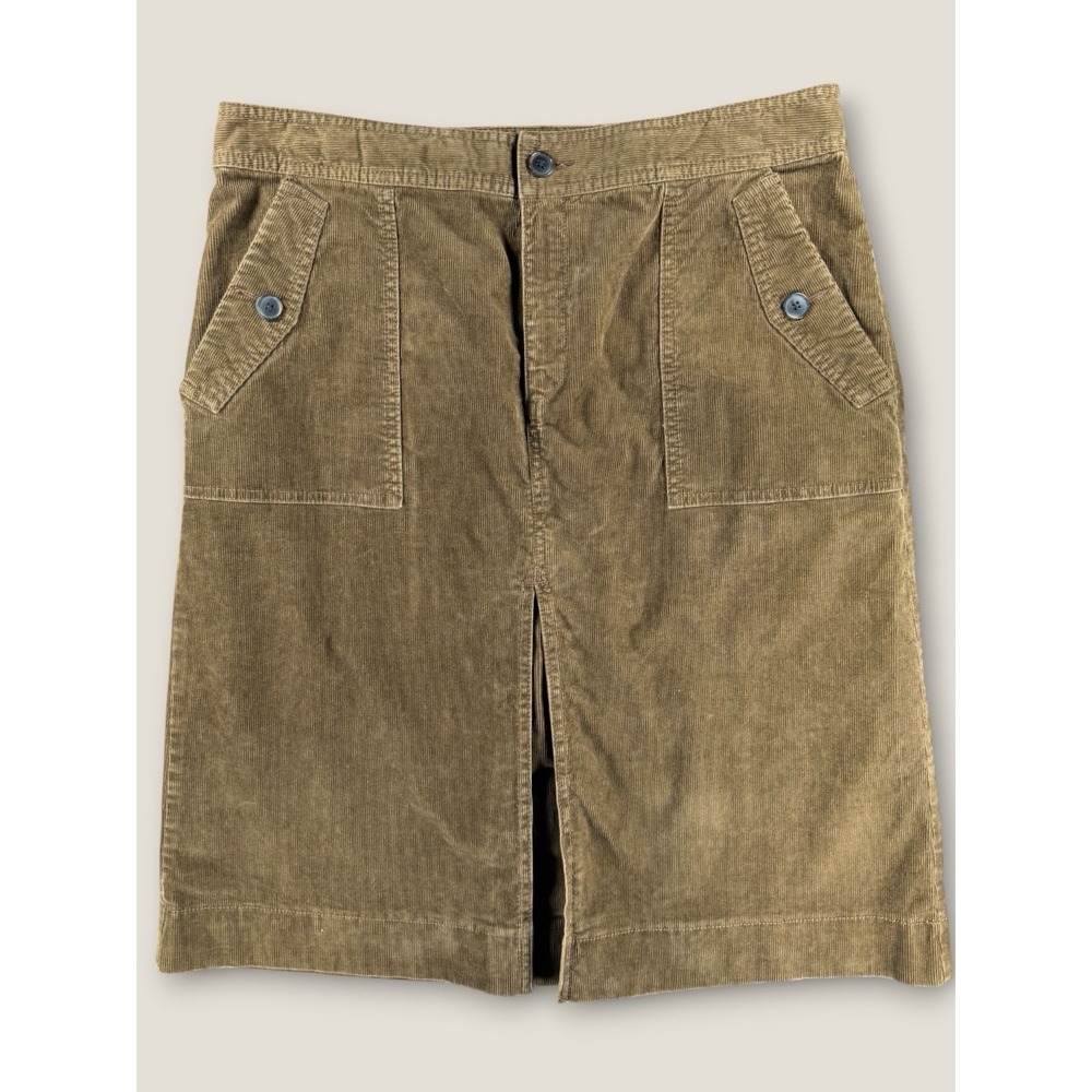 Ann Taylor LOFT Corduroy Midi Skirt Womens 12 Brown Slit Front Utility Pockets‎